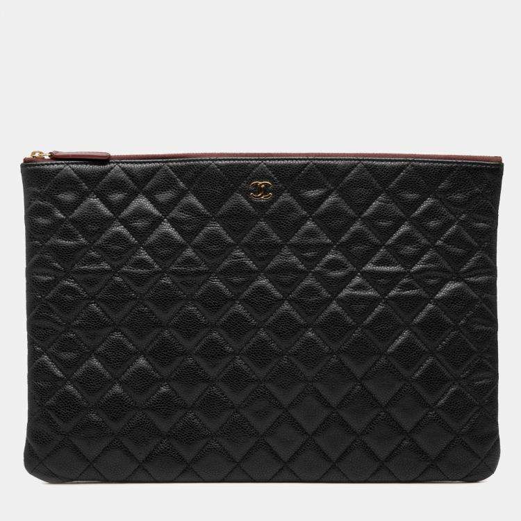 Pre Owned Chanel Black Large Quilted Caviar O Case Clutch