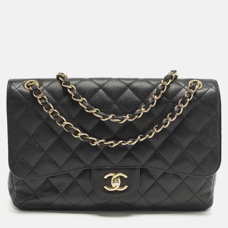 Pre Owned Chanel Classic Double Flap Jumbo Black Quilted Caviar Leather Shoulder Bag