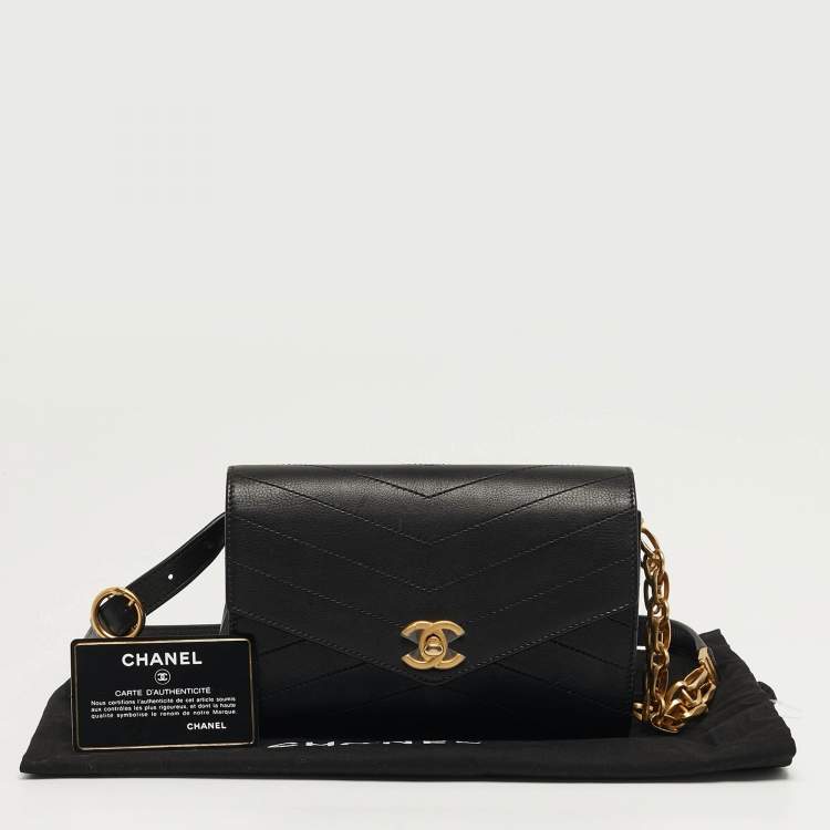 Pre Owned Chanel  Coco Black Chevron Leather Waist Belt Bag