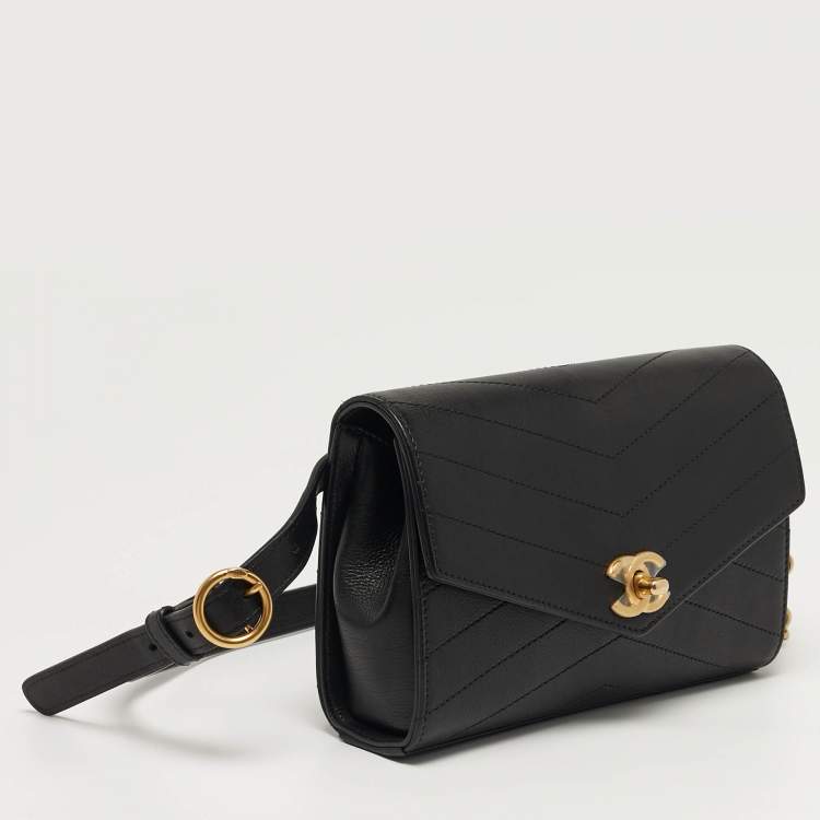 Pre Owned Chanel  Coco Black Chevron Leather Waist Belt Bag