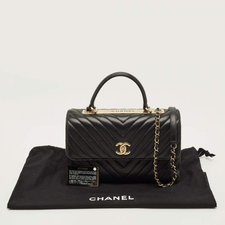 Pre Owned Chanel Trendy CC Medium Black Chevron Leather Top Handle Bag