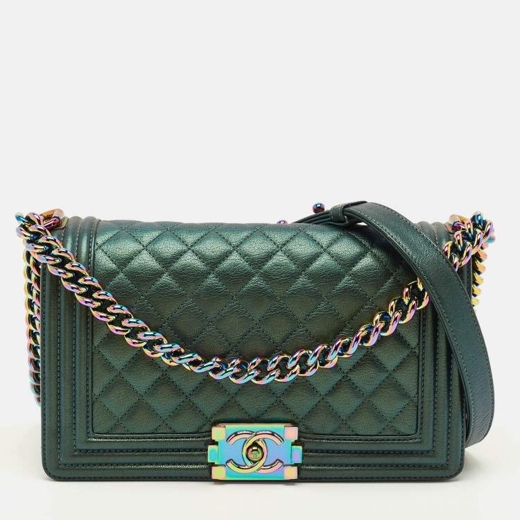 Pre Owned Chanel Boy Medium Metallic Green Quilted Leather Flap Bag