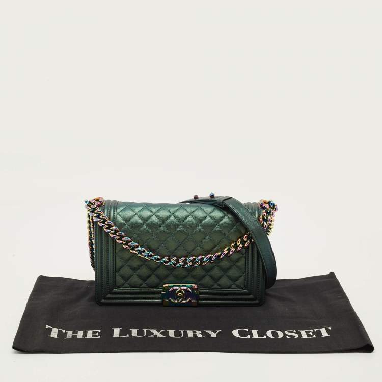 Pre Owned Chanel Boy Medium Metallic Green Quilted Leather Flap Bag
