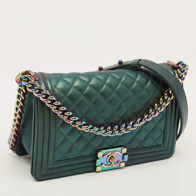 Pre Owned Chanel Boy Medium Metallic Green Quilted Leather Flap Bag