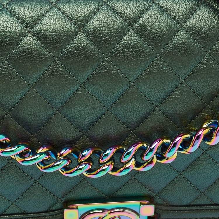 Pre Owned Chanel Boy Medium Metallic Green Quilted Leather Flap Bag