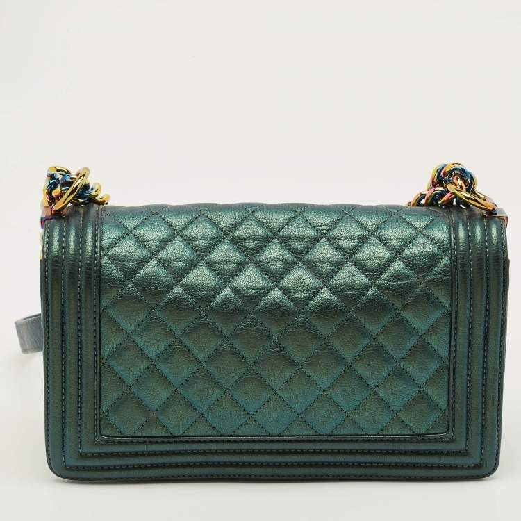 Pre Owned Chanel Boy Medium Metallic Green Quilted Leather Flap Bag