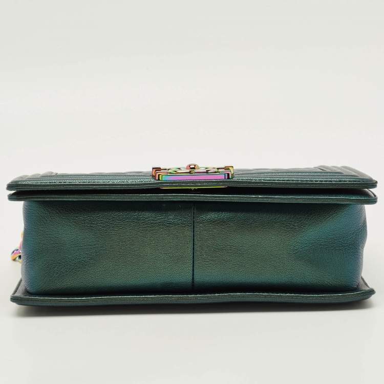 Pre Owned Chanel Boy Medium Metallic Green Quilted Leather Flap Bag