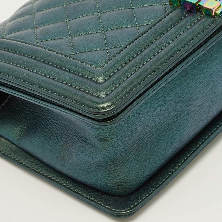 Pre Owned Chanel Boy Medium Metallic Green Quilted Leather Flap Bag