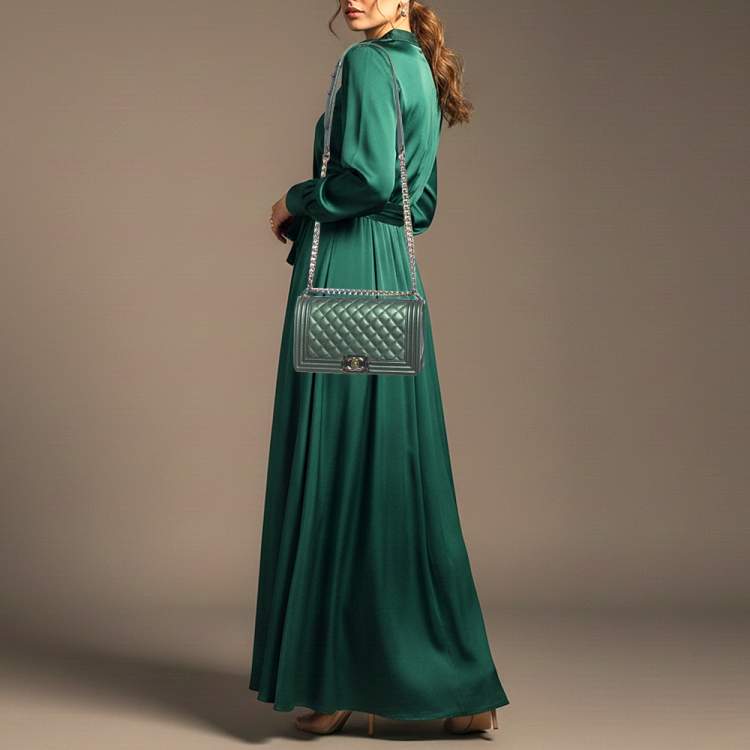 Pre Owned Chanel Boy Medium Metallic Green Quilted Leather Flap Bag