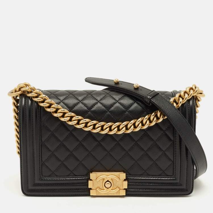 Pre Owned Chanel Boy Medium Black Quilted Caviar Leather Flap Bag