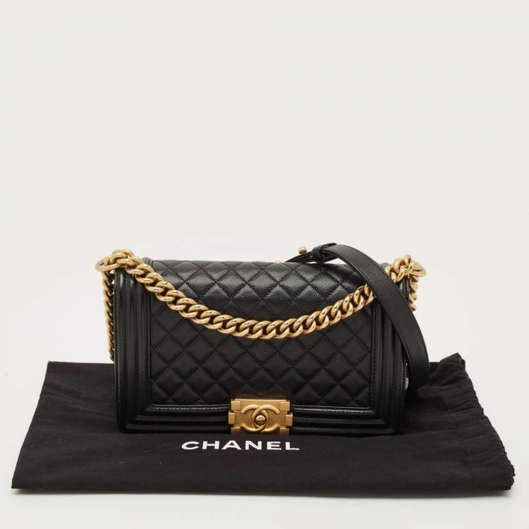 Pre Owned Chanel Boy Medium Black Quilted Caviar Leather Flap Bag