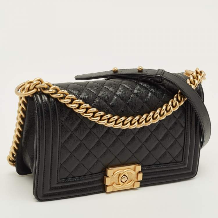 Pre Owned Chanel Boy Medium Black Quilted Caviar Leather Flap Bag