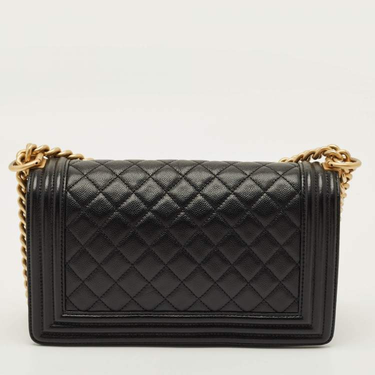 Pre Owned Chanel Boy Medium Black Quilted Caviar Leather Flap Bag