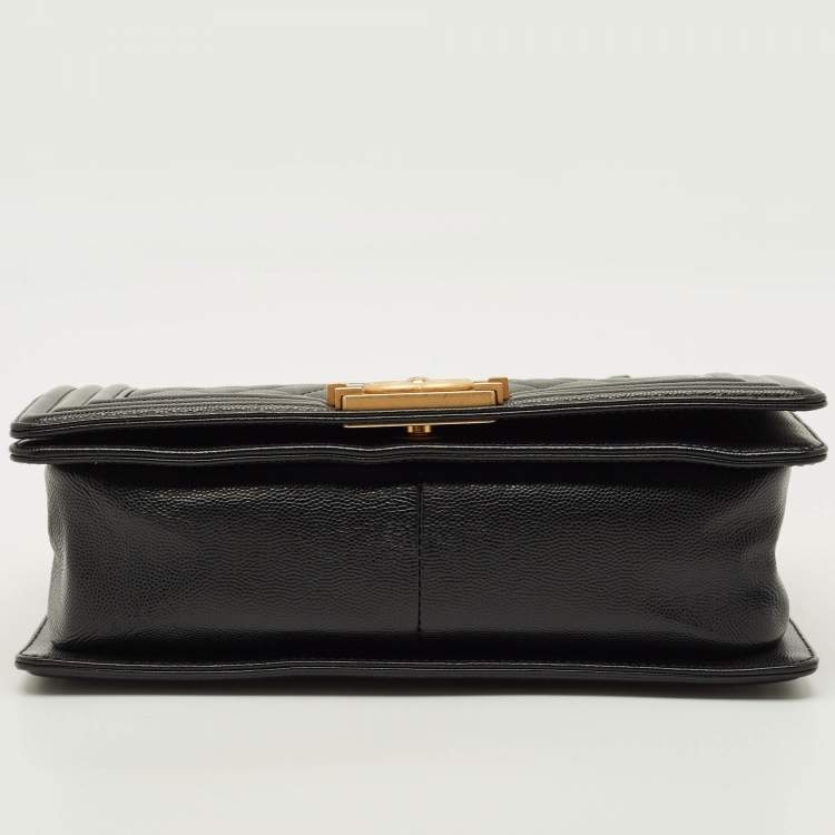 Pre Owned Chanel Boy Medium Black Quilted Caviar Leather Flap Bag