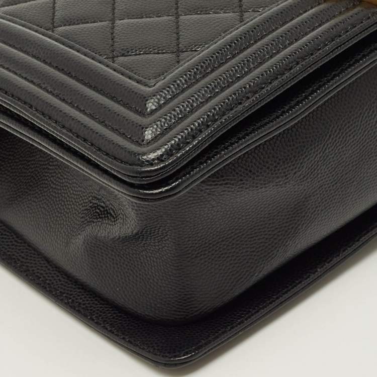 Pre Owned Chanel Boy Medium Black Quilted Caviar Leather Flap Bag