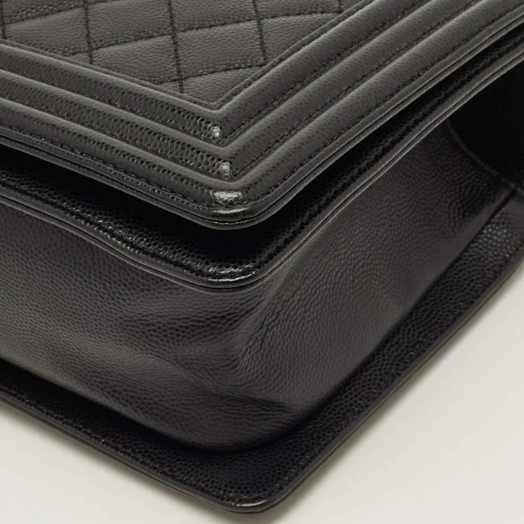 Pre Owned Chanel Boy Medium Black Quilted Caviar Leather Flap Bag