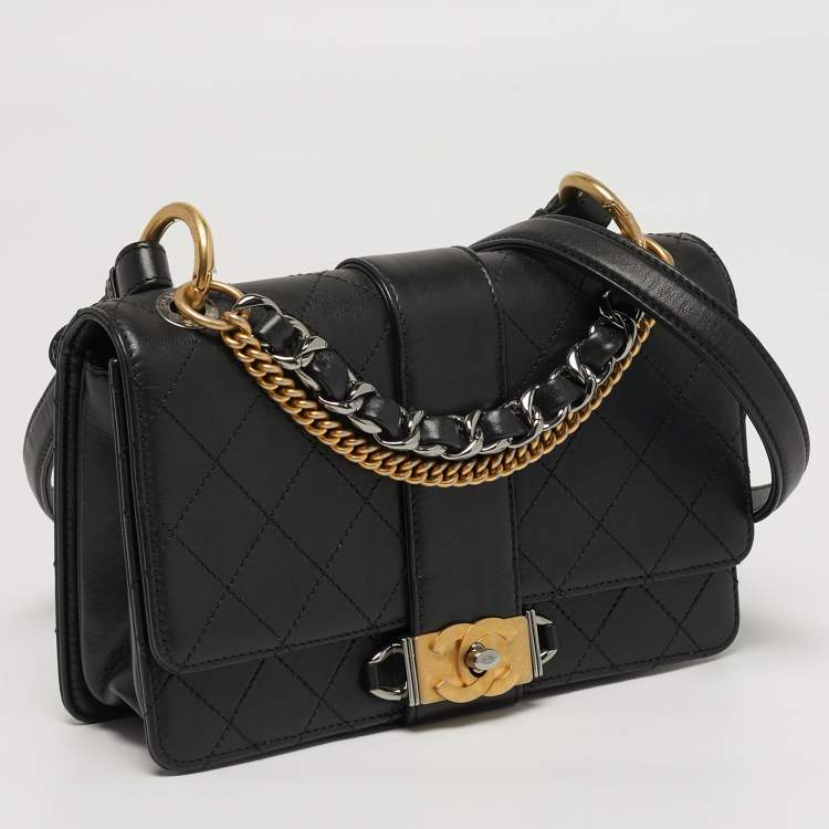 Pre Owned Chanel Double Chain Black Quilted Leather Flap Shoulder Bag