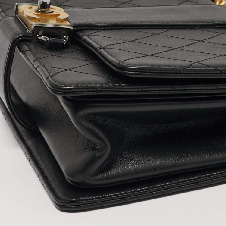Pre Owned Chanel Double Chain Black Quilted Leather Flap Shoulder Bag