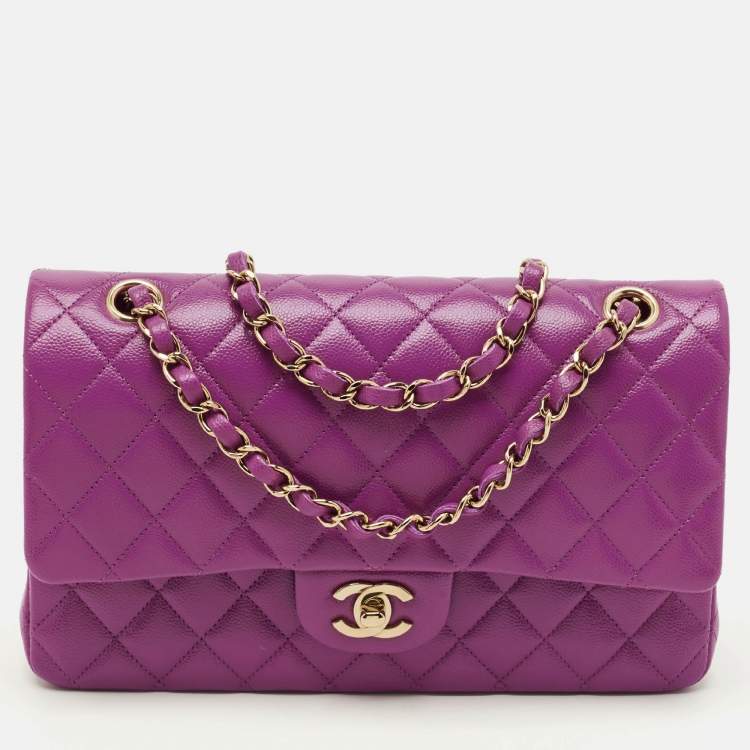 Pre Owned Chanel Classic Double Flap Medium Purple Quilted Caviar Leather Shoulder Bag