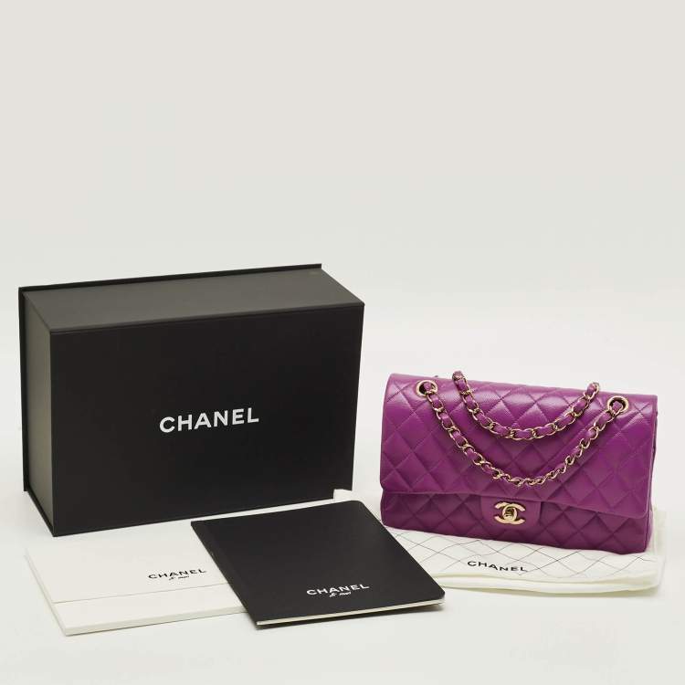 Pre Owned Chanel Classic Double Flap Medium Purple Quilted Caviar Leather Shoulder Bag