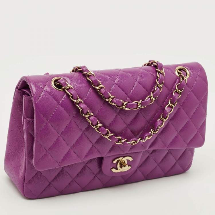 Pre Owned Chanel Classic Double Flap Medium Purple Quilted Caviar Leather Shoulder Bag