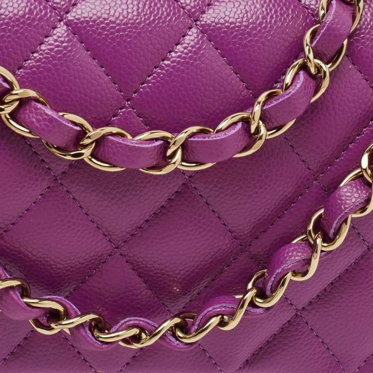 Pre Owned Chanel Classic Double Flap Medium Purple Quilted Caviar Leather Shoulder Bag