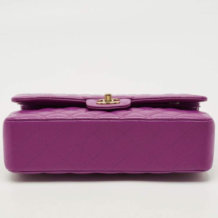 Pre Owned Chanel Classic Double Flap Medium Purple Quilted Caviar Leather Shoulder Bag