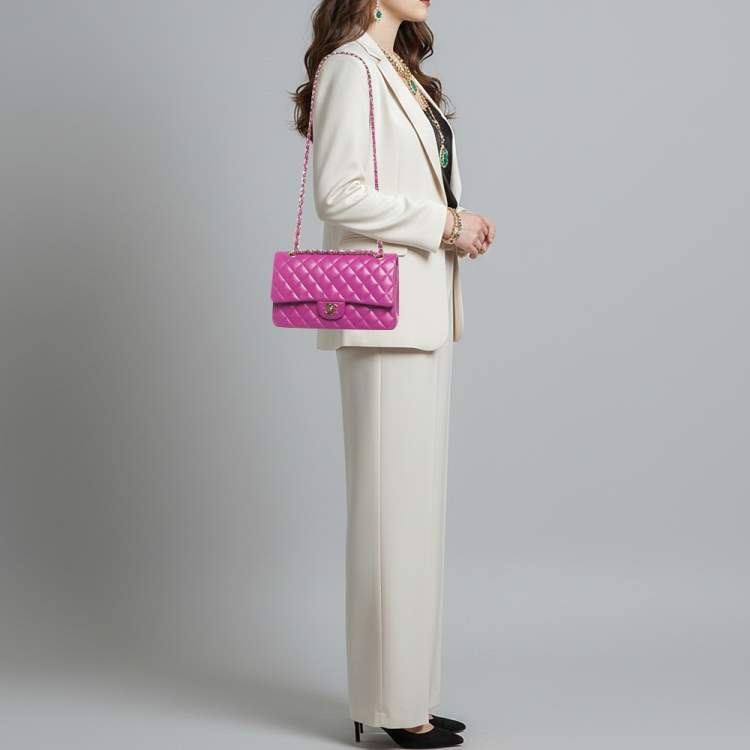 Pre Owned Chanel Classic Double Flap Medium Purple Quilted Caviar Leather Shoulder Bag