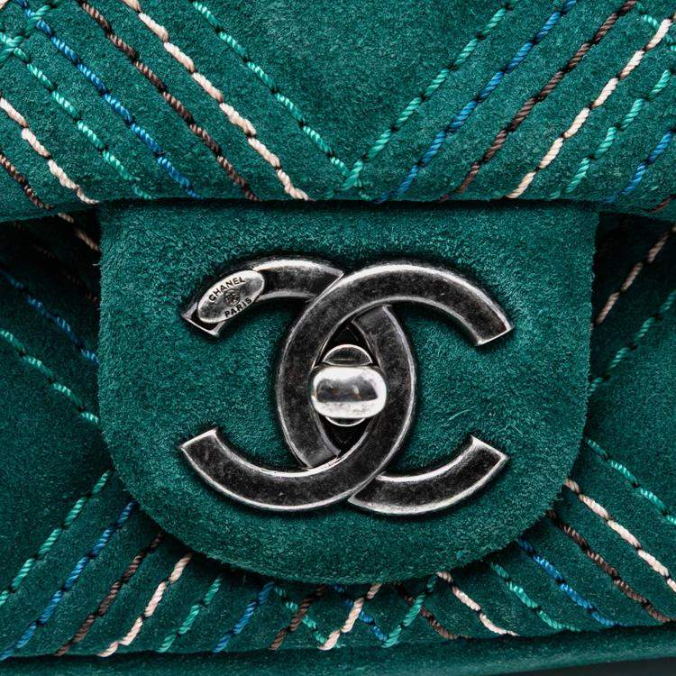Pre Owned Chanel Green Paris Edinburgh Medium Stitched Suede Saltire Single Flap