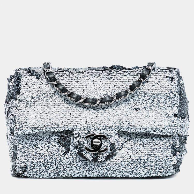 Pre Owned Chanel Black White CC Printed Sequin Single Flap