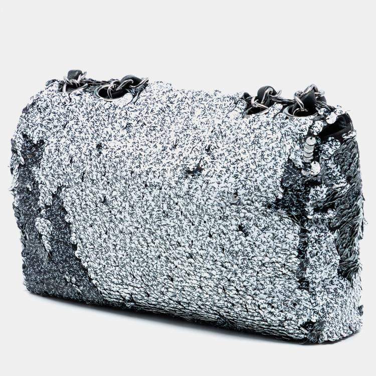 Pre Owned Chanel Black White CC Printed Sequin Single Flap