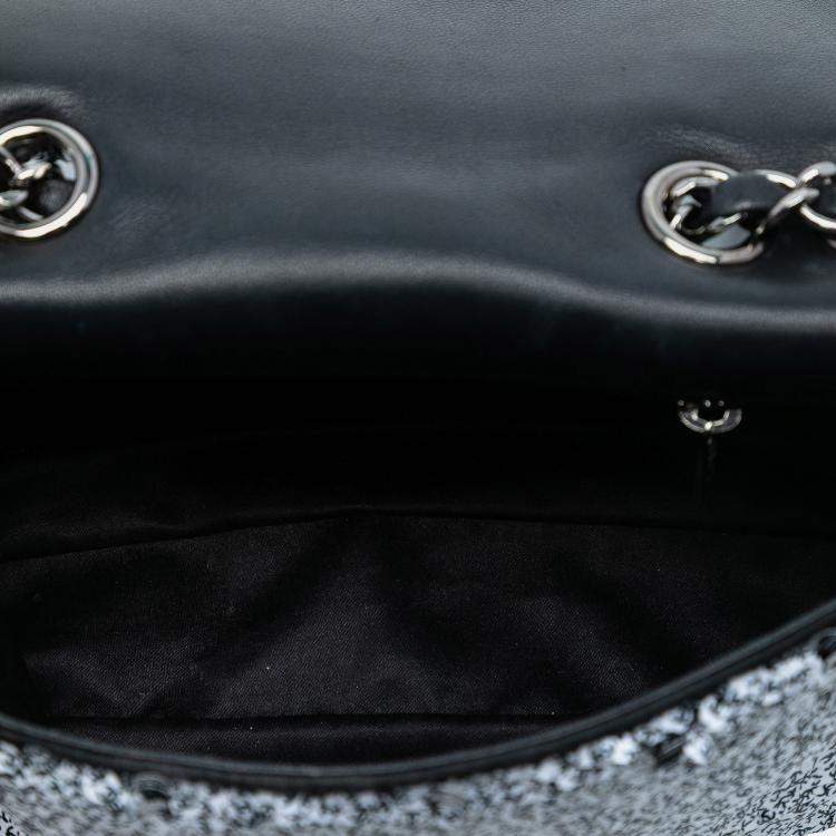 Pre Owned Chanel Black White CC Printed Sequin Single Flap