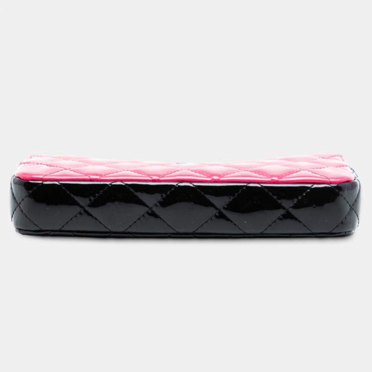 Pre Owned Chanel Black Pink Bicolor Patent Double Zip Wallet on Chain
