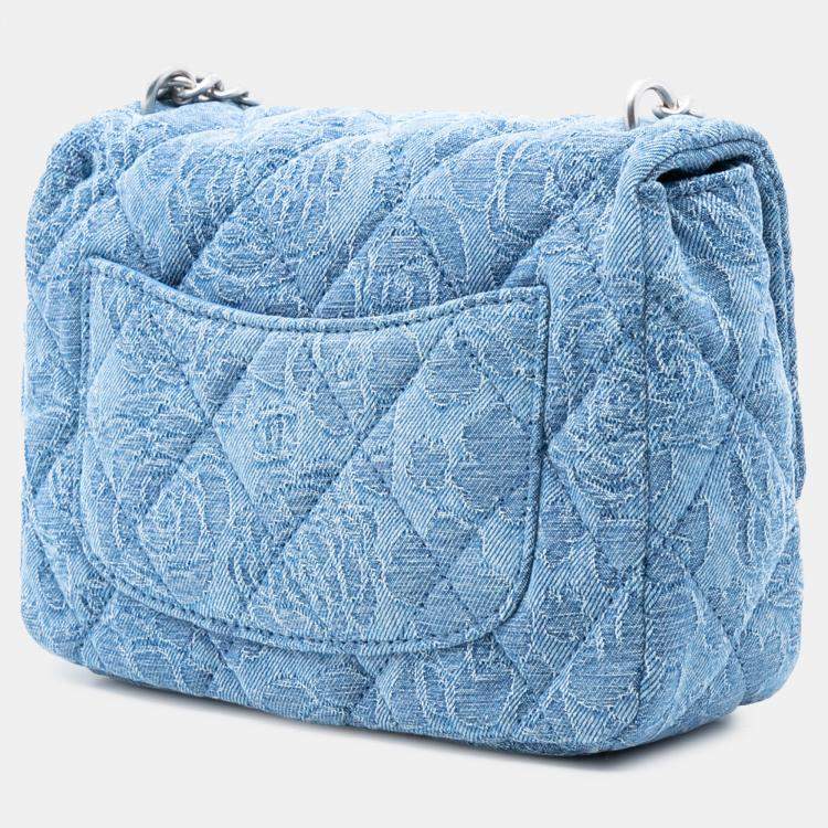 Pre Owned Chanel Blue Mini Quilted Denim Camellia Sweetheart Flap