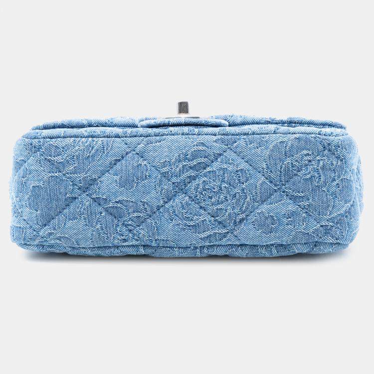 Pre Owned Chanel Blue Mini Quilted Denim Camellia Sweetheart Flap