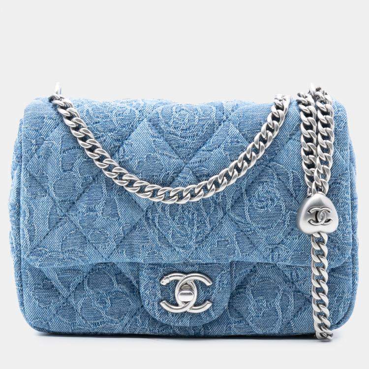 Pre Owned Chanel Blue Mini Quilted Denim Camellia Sweetheart Flap