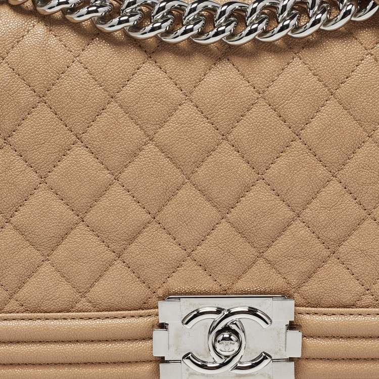 Pre Owned Chanel Boy Medium Beige Quilted Caviar Leather Flap Bag
