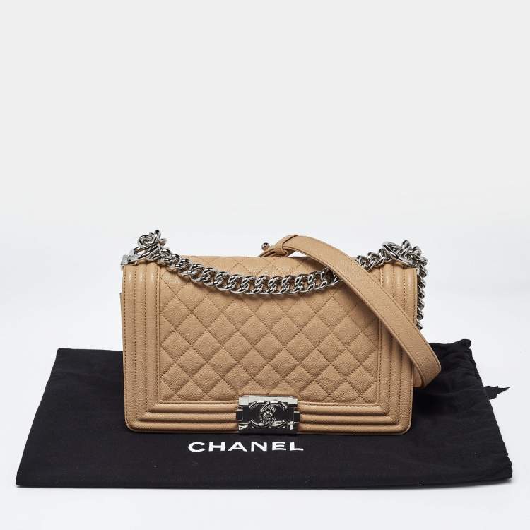 Pre Owned Chanel Boy Medium Beige Quilted Caviar Leather Flap Bag