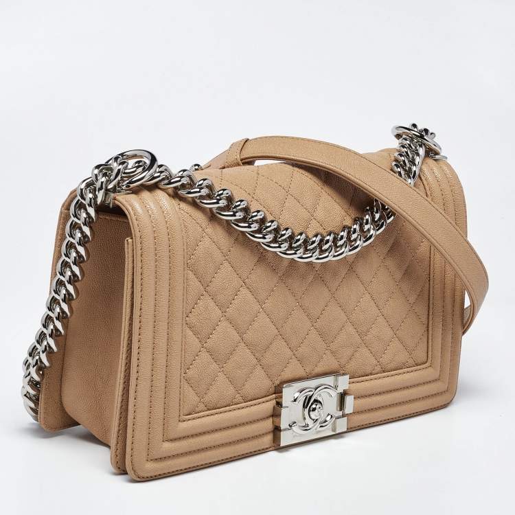 Pre Owned Chanel Boy Medium Beige Quilted Caviar Leather Flap Bag