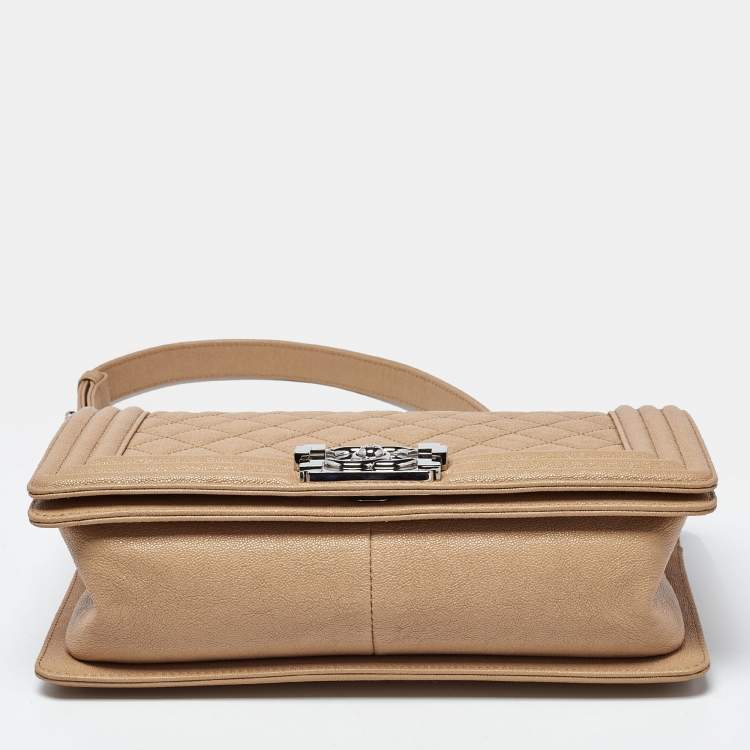 Pre Owned Chanel Boy Medium Beige Quilted Caviar Leather Flap Bag