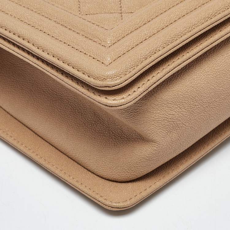 Pre Owned Chanel Boy Medium Beige Quilted Caviar Leather Flap Bag