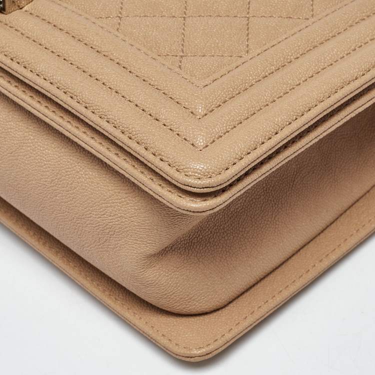 Pre Owned Chanel Boy Medium Beige Quilted Caviar Leather Flap Bag