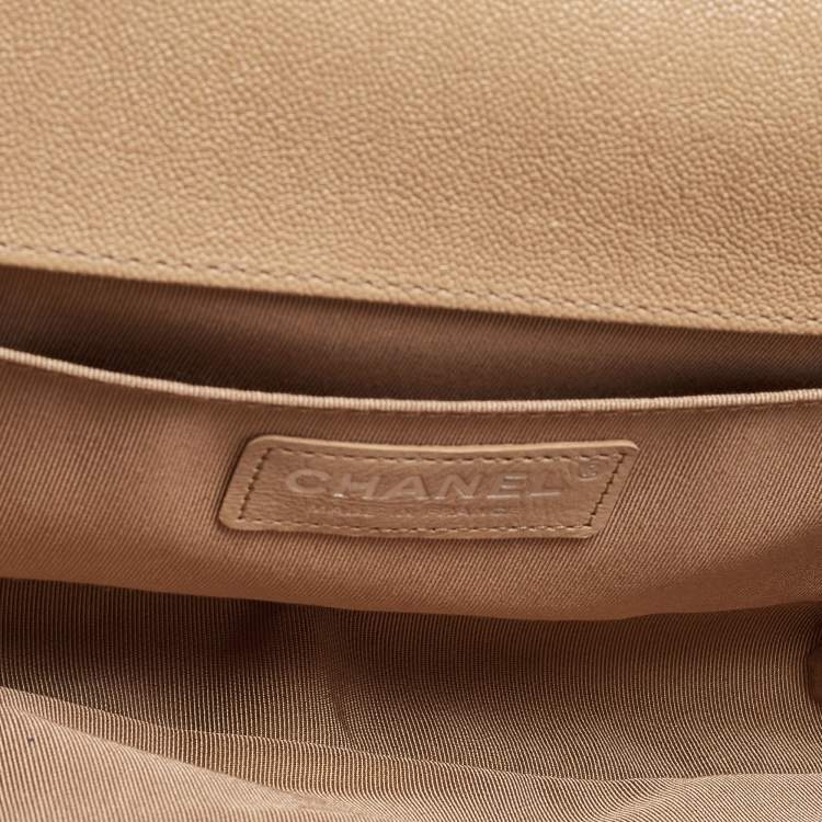 Pre Owned Chanel Boy Medium Beige Quilted Caviar Leather Flap Bag