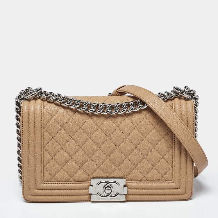 Pre Owned Chanel Boy Medium Beige Quilted Caviar Leather Flap Bag
