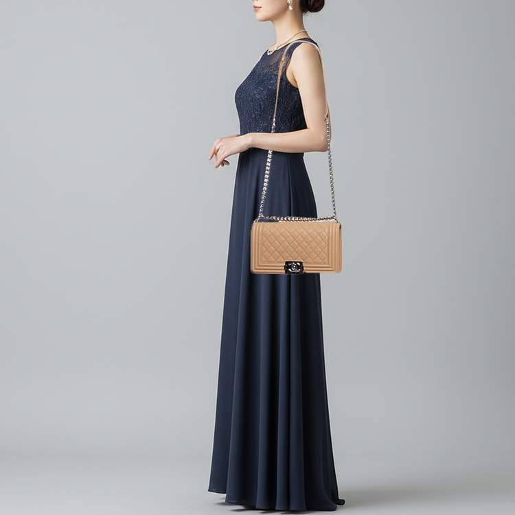 Pre Owned Chanel Boy Medium Beige Quilted Caviar Leather Flap Bag