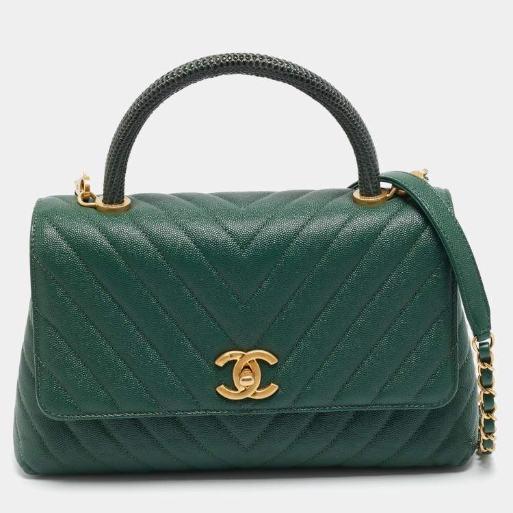 Pre Owned Chanel Coco Small Green Chevron Caviar Leather and Lizard Top Handle Bag