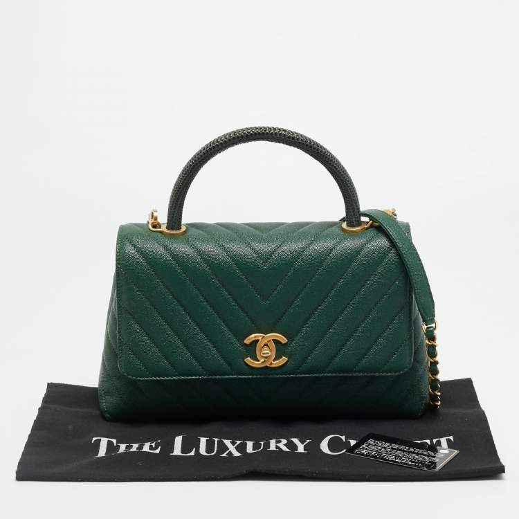 Pre Owned Chanel Coco Small Green Chevron Caviar Leather and Lizard Top Handle Bag