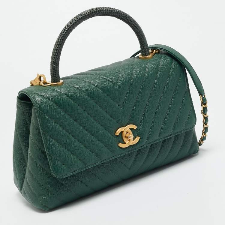 Pre Owned Chanel Coco Small Green Chevron Caviar Leather and Lizard Top Handle Bag