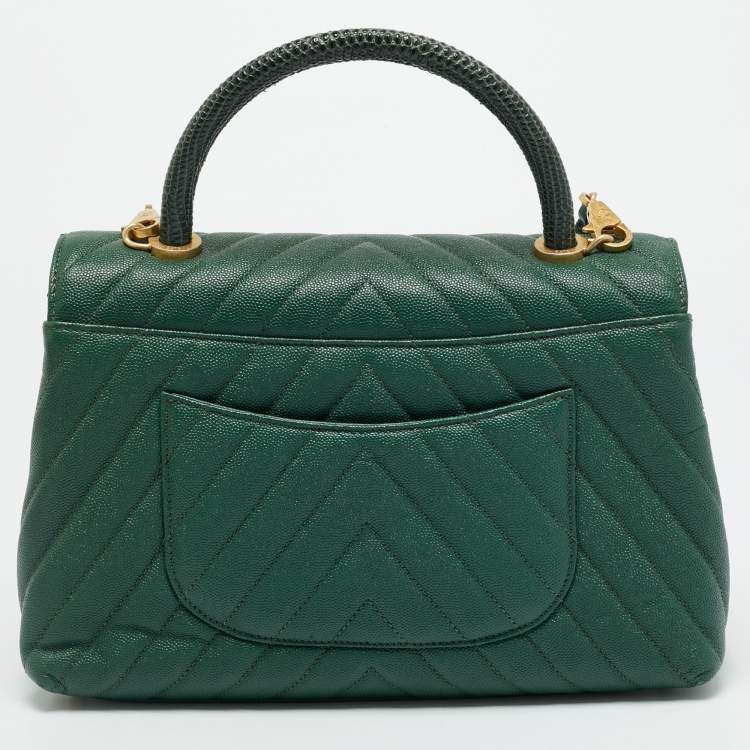 Pre Owned Chanel Coco Small Green Chevron Caviar Leather and Lizard Top Handle Bag