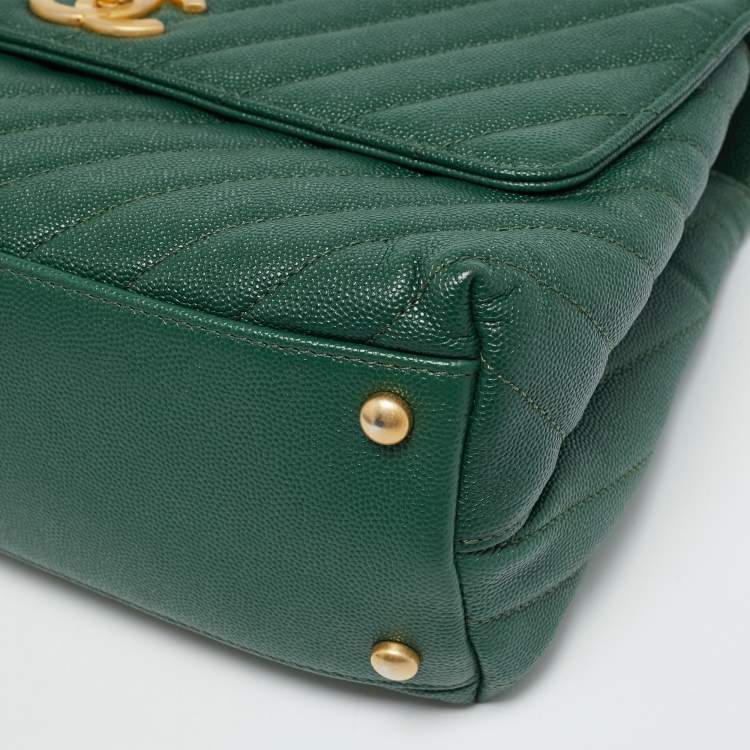 Pre Owned Chanel Coco Small Green Chevron Caviar Leather and Lizard Top Handle Bag